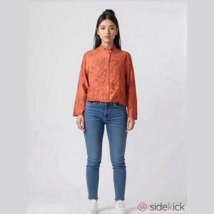 Chico's Sz 1 Medium Blouse Button Down Top Silk Linen Red Orange Tropical Floral